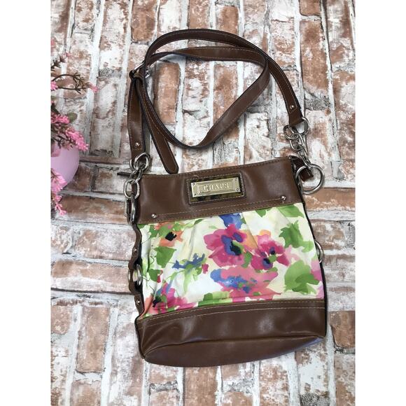 Chaps by Ralph Lauren Vegan Brown Multicolor Floral Crossbody Bag Purse 9"X9" - Picture 1 of 6